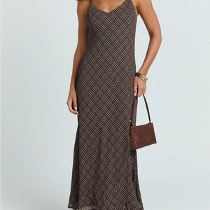 NWT Showpo Revie Midi Dress Brown Plaid Slip Dress Tank Vintage 90s Style